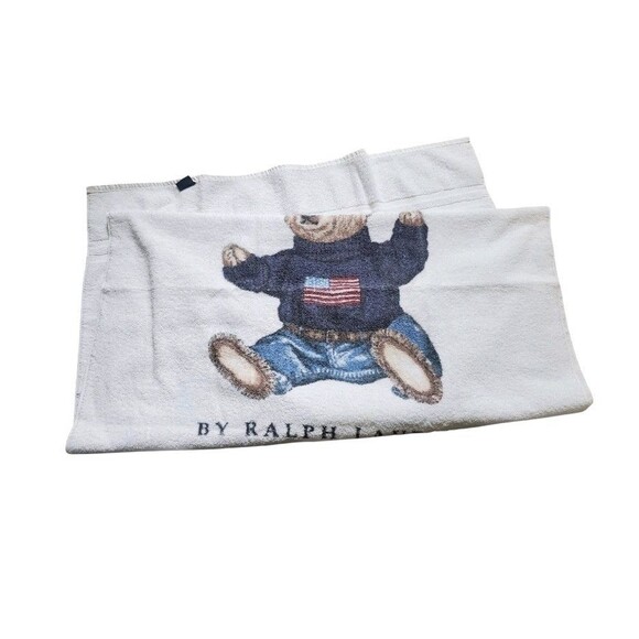 VTG Ralph Lauren Polo Bear Beach Towel 34x64 USA Flag White FLAWS READ - Picture 8 of 9